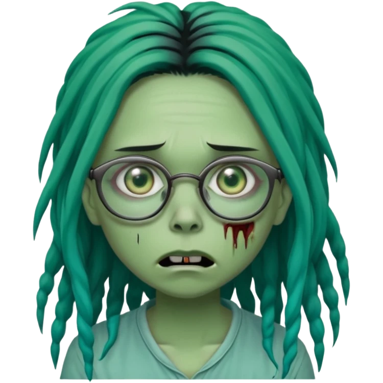 One young female green-skinned, zombie with glasses, with ombre black roots & teal tips long dreadlocks and a worried expression with a small wound near its mouth. emoji