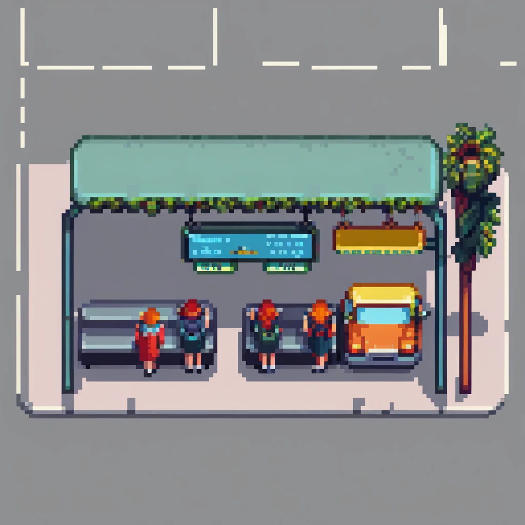 pixel art city bus stop with passengers waiting, bus arriving emoji