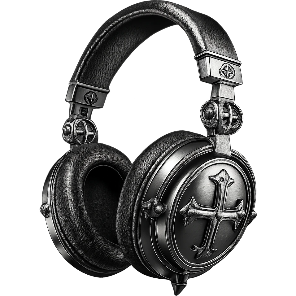 goth headphones, black with metallic details, chrome style emoji