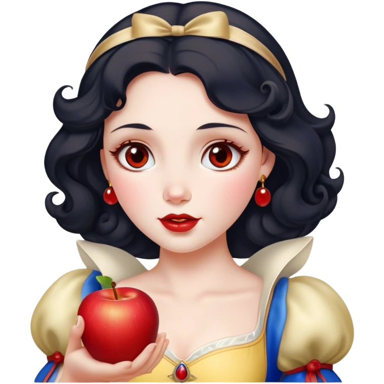 Cinematic Elegant Snow White Portrait Emoji, Delicately holding a red apple, eyes glimmering with mystery, soft curls perfectly placed, her royal presence glowing with a warm, enchanting charm! emoji