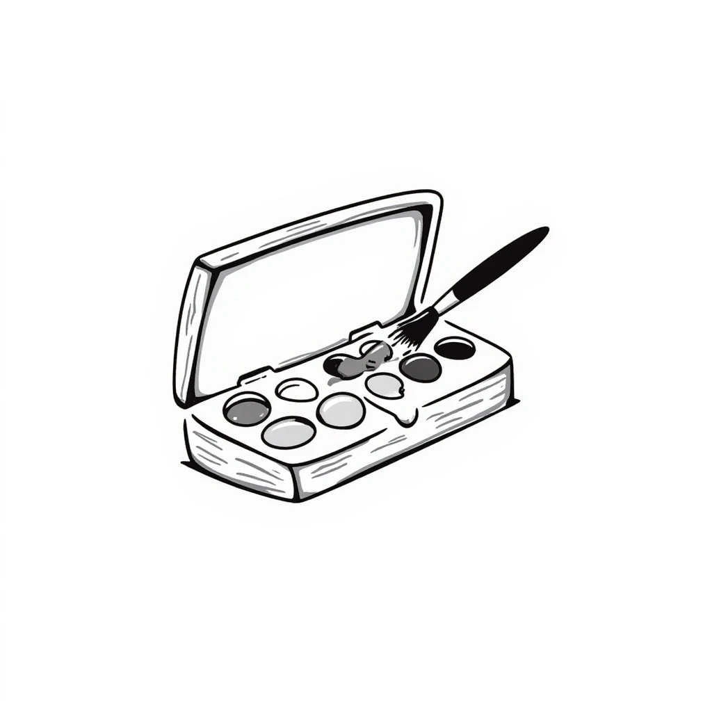A watercolor paint box with paintbrush and color wells in pastel colors (dd9fb0, ffc6d3, a3bfc9, c4bee2, f1b091), hand-drawn doodle style emoji