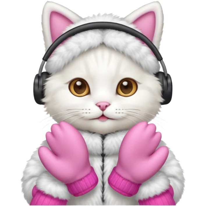 white cat with pink mittens and earmuffs emoji