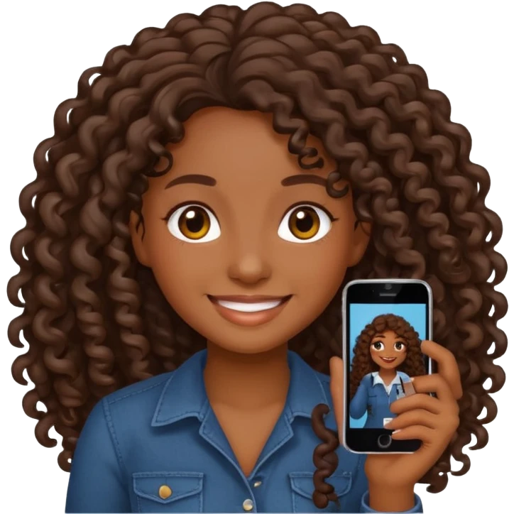 sticker style iPhone emoji of a friendly dark-skinned girl with long curly hair, transparent background emoji