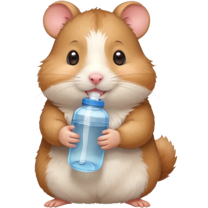 Cute cartoon-style hamster hugging an oversized water bottle, sipping with tiny straw, happy expression. Painterly shading, expressive eyes, white background, sticker-style illustration emoji