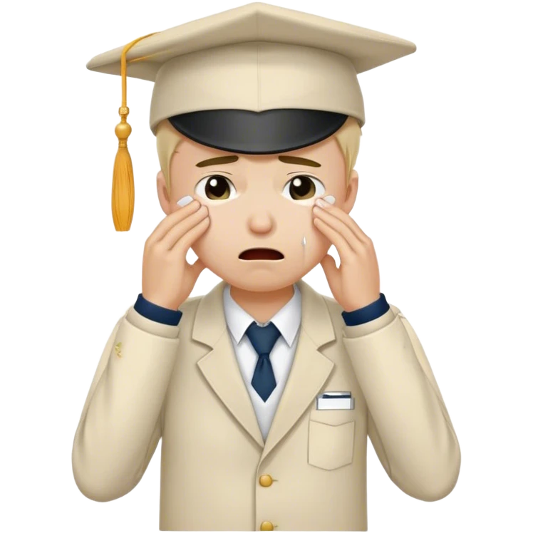 Create an emoji of a student with white skin tone crying. He is wearing a university uniform, including a shirt and pants and hat. The man is visibly upset, with tears streaming down his face, and he is wiping his eyes with his hand. The background should be simple to emphasize his emotional state, conveying the feeling of being overwhelmed with school stress or personal struggles emoji