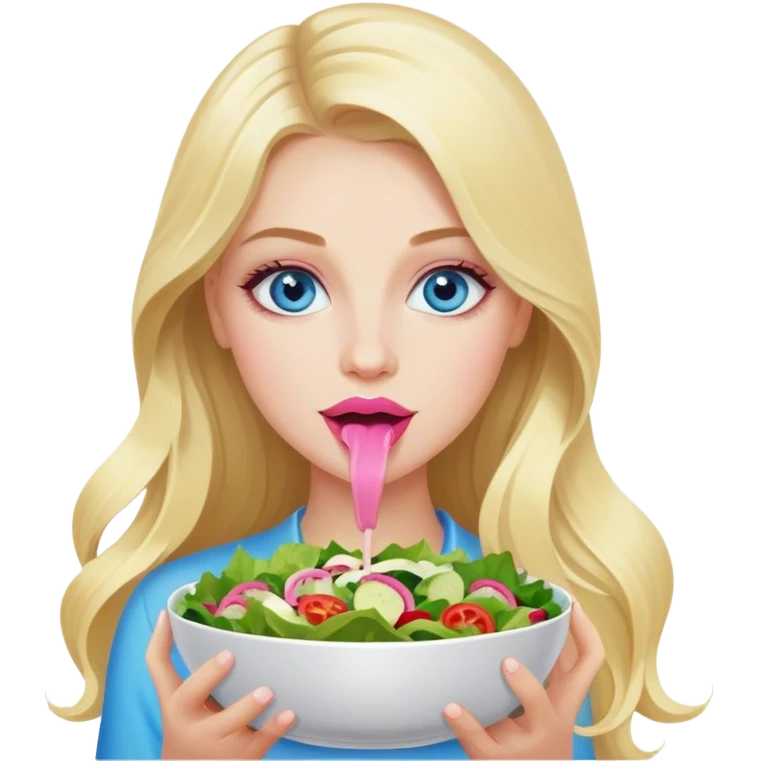 Cinematic realistic blonde with long hair, blue eyes and pink lips eats salad emoji