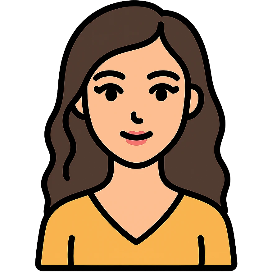 oval face with wide dark eyes and long eyelashes, soft nose and lips, light skin, long wavy dark brown hair, slim body, simple elegant clothes without hijab, colorful icon style with clear lines emoji
