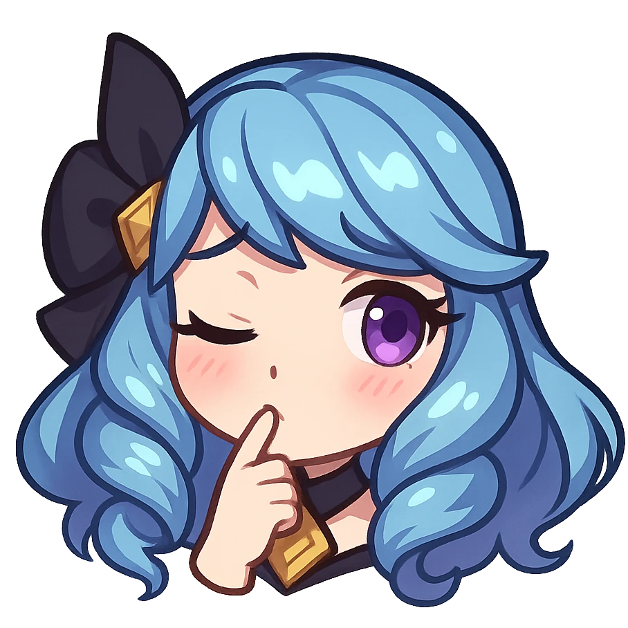 Gwen from League of Legends, chibi emote style, only head visible, right eye purple, shy expression, soft lighting, cute and expressive emoji