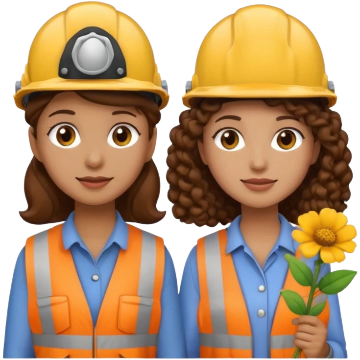 boyfriend and girlfriend couple emoji, both with brown hair, girl with curly hair, both wearing construction helmets and flats, girl holding a flower emoji