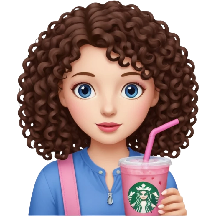 make an emoji of a curly brunette blue eye girl wearing light pink drinking a strawberry acai refresher from starbucks emoji