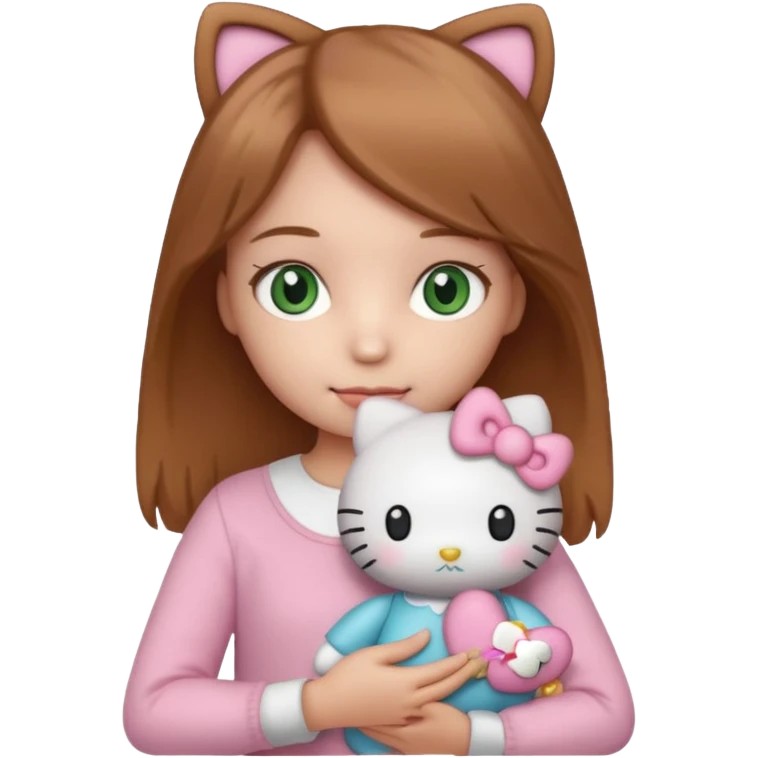 Girl with natural green eyes and light brown hair and she have a hello kitty doll with her hand emoji