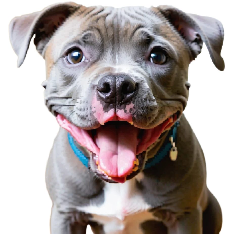 round circle puppy head full grey bleu staffy, big open mouth, big tongue out, stupid expression emoji