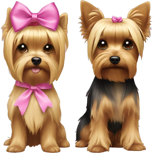 A yorkie with pink ribbon on her head, and a blonde haired girl  emoji