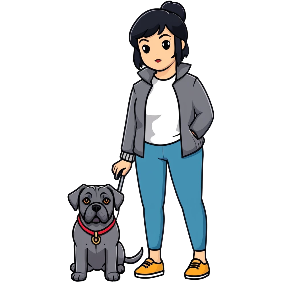 Elegant woman with black hair posing with Cane Corso dog emoji