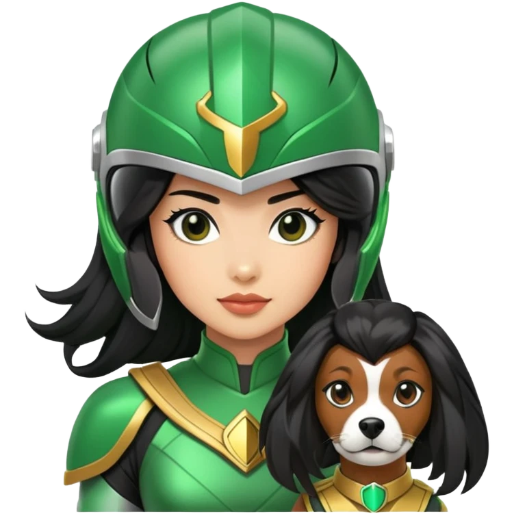 female green power ranger with wasian features, long black hair flowing from helmet, cockapoo dog at her side emoji