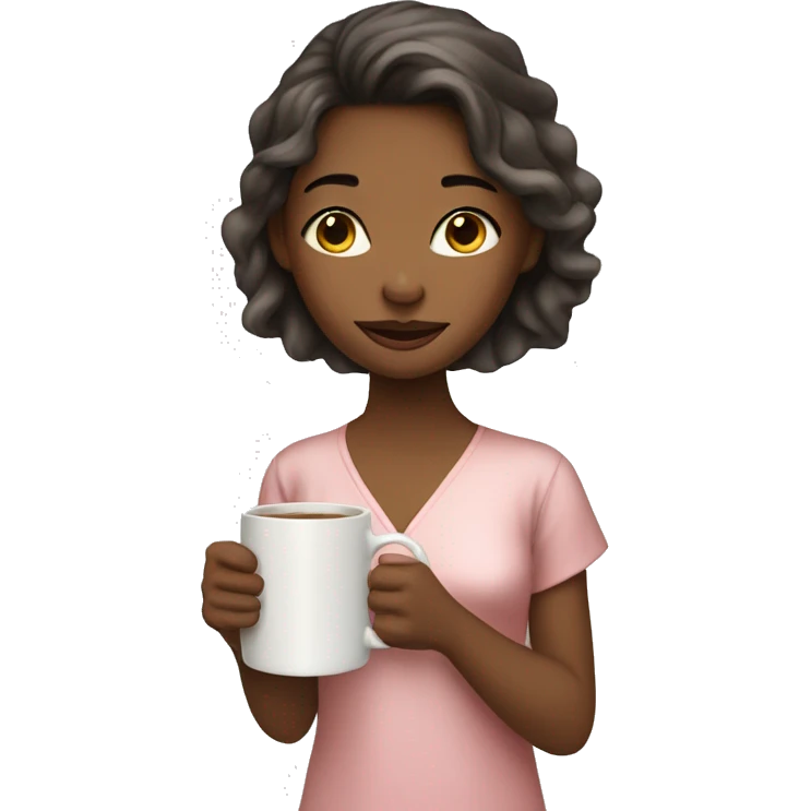 Girl with silk pajamas on with a mug in her hand emoji