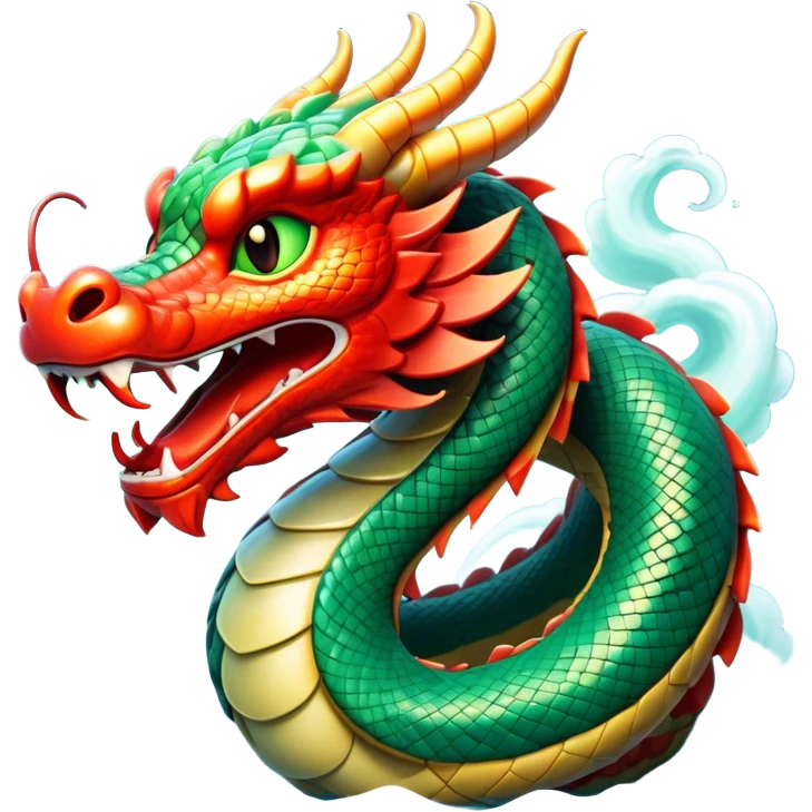 Cinematic Comical Chinese Serpent Dragon Portrait Emoji, Head tilted dramatically with an exaggeratedly amused expression, featuring a sleek, serpentine form adorned in luminous jade and vermilion scales interlaced with playful cloud and water accents; rendered with vibrant, lifelike textures and dynamic natural shadows, high shine, playful yet wise, styled with an air of cheeky ancient mystique, soft glowing outline, capturing the essence of a spirited and humorously enigmatic celestial dragon that looks ready to spiral into legendary lore! emoji