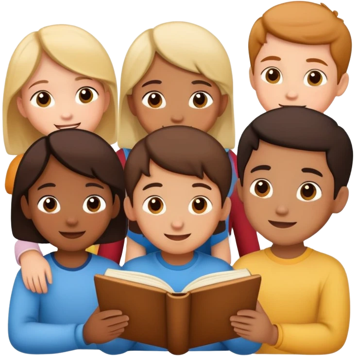 group of children listening to a story, happy and engaged emoji