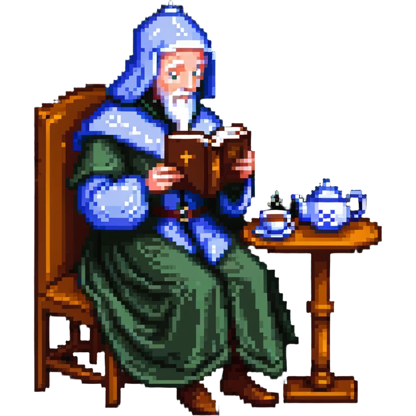 Chaucer reading and sipping tea, simple background, pixel art style emoji