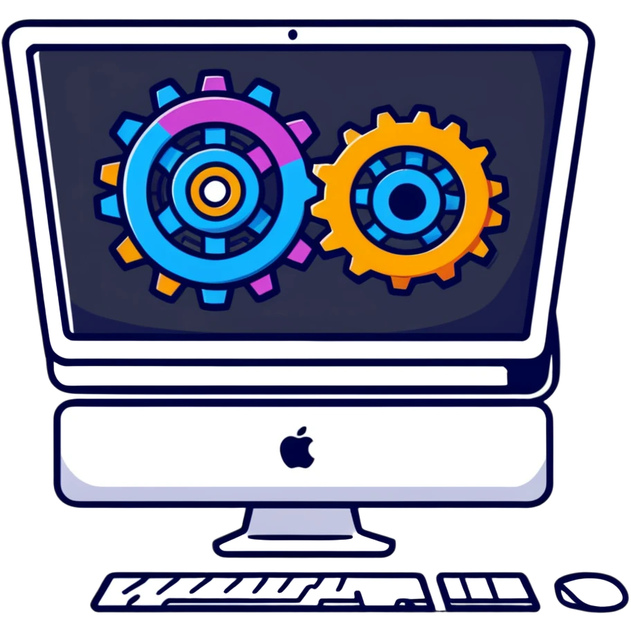 iMac computer with colorful gears on the screen emoji