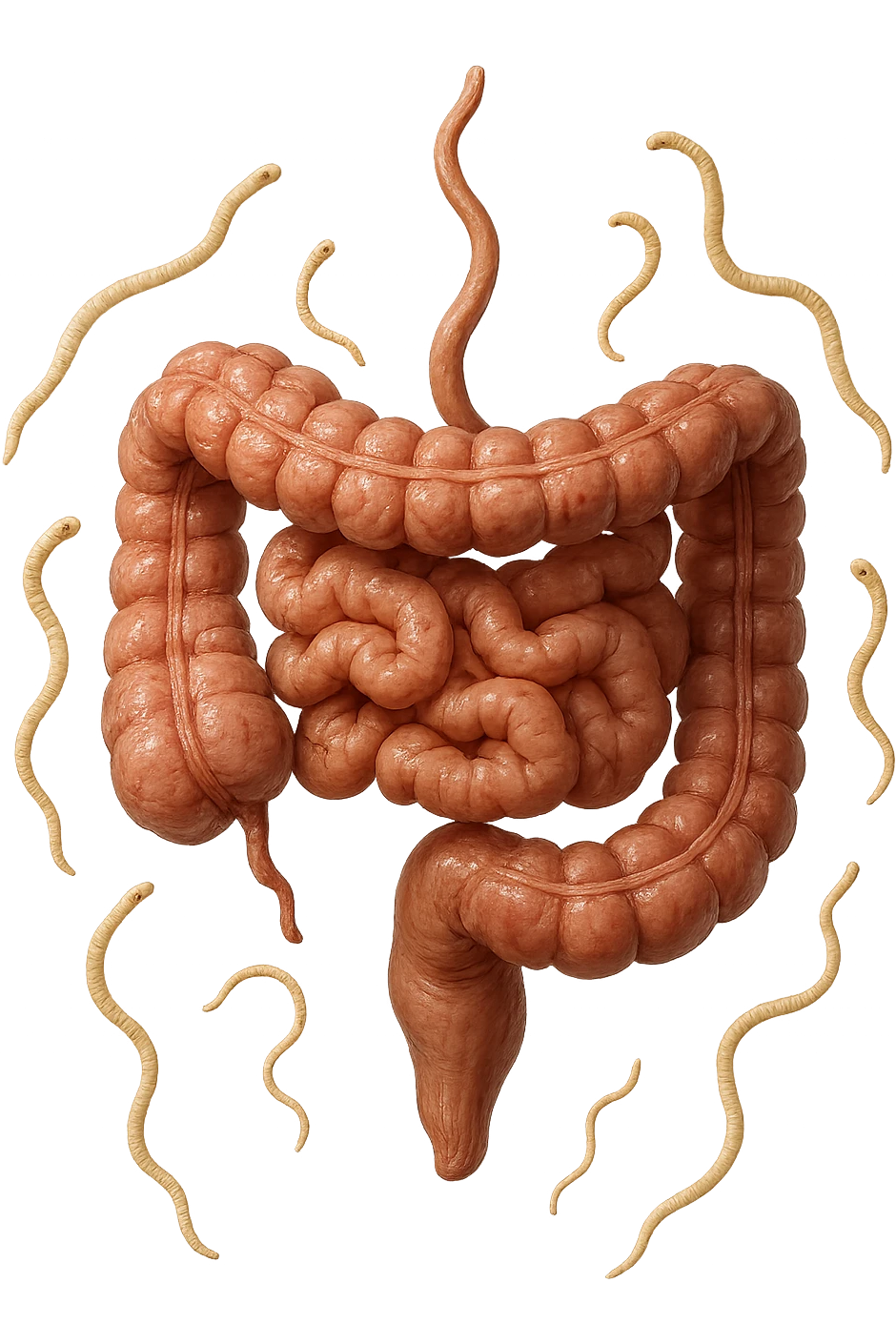 INTESTINO UMANO ANATOMICO REALISTICO FLUTTUA IN ARIA INSIEME A PARASSITI COME LA TENIA, SFONDO CHIARO, iperrealistico 4k emoji