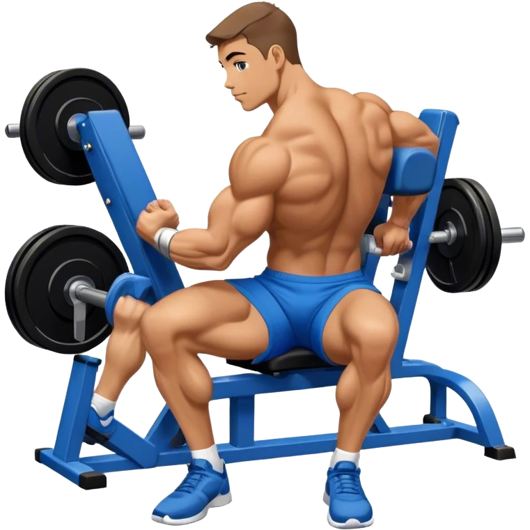 side-view bodybuilder in blue shorts seated weighted calf-raise machine on his tip toes emoji