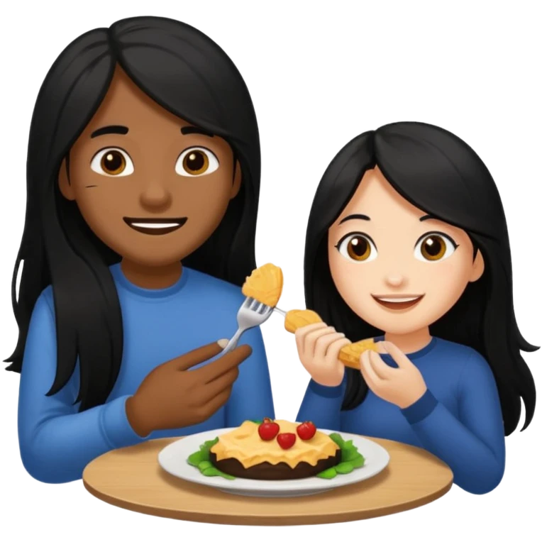 Fair skin woman with long black hair with her Brown skin ned boyfriend with his fine cut blacked hair eating together . Sticker emoji