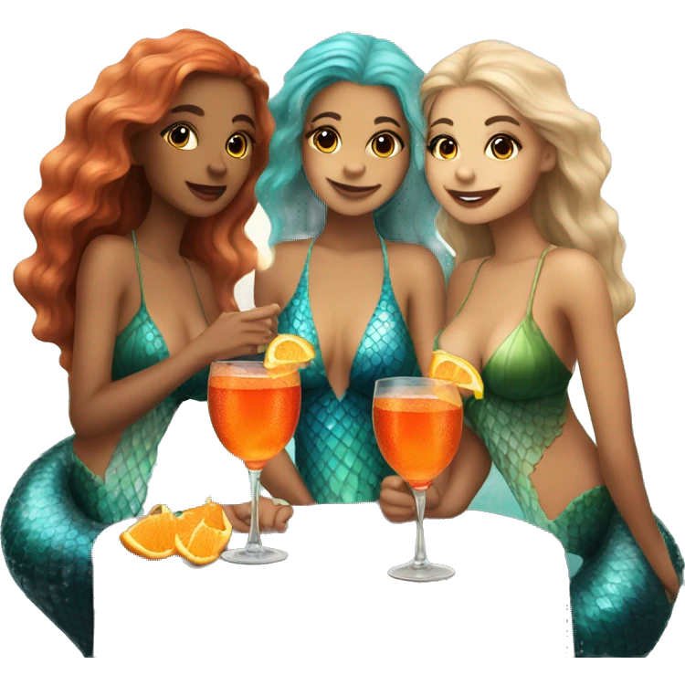 Three beautiful mermaids (light skin) drinking aperol emoji