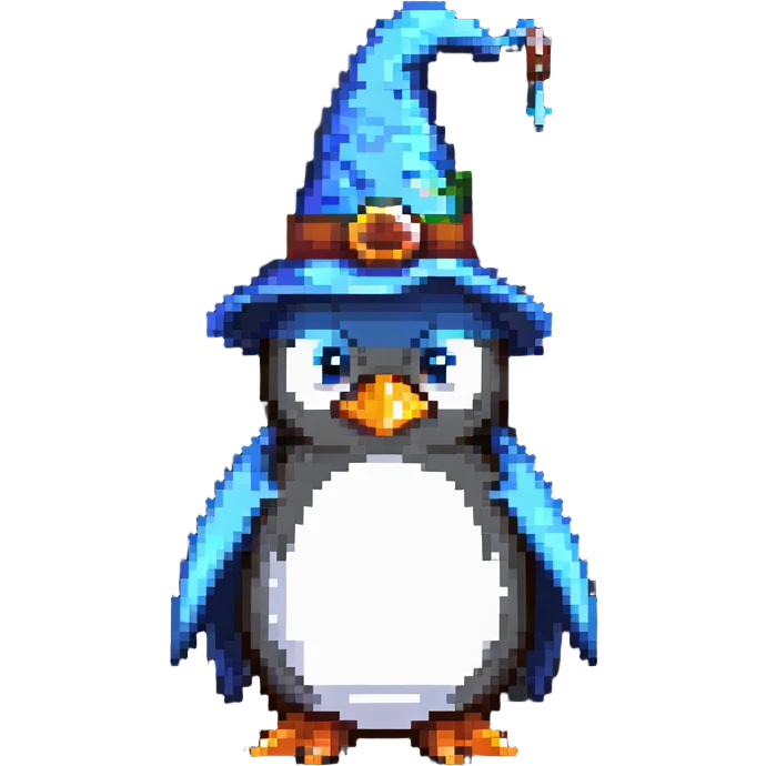 A penguin wizard with a long beard and pointed hat emoji