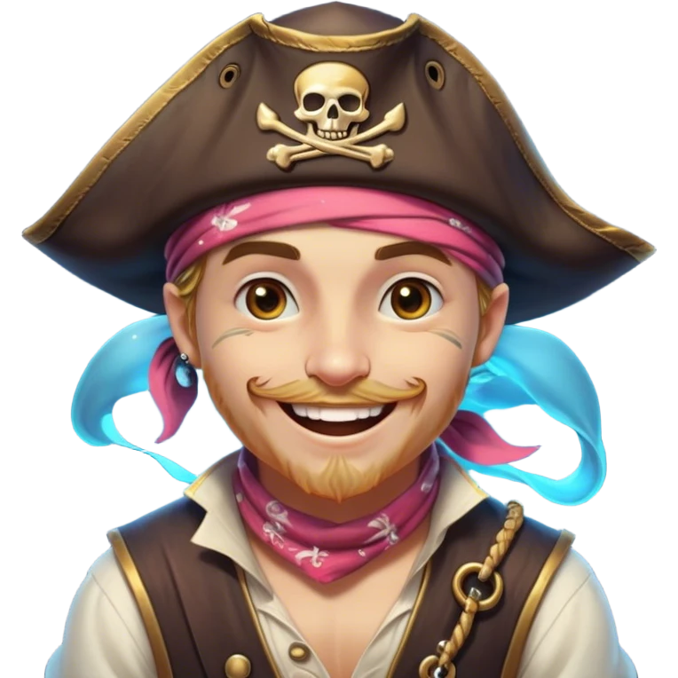 Clash of Clans aesthetic Playful Pirate Portrait Emoji, Head tilted with a roguish, cheeky grin and twinkling eyes, featuring a compact, spirited build with a jaunty hat and a quirky bandana, his natural skin tone evident, Simplified yet irresistibly charming features, highly detailed, glowing with a warm, inviting oceanic glow, high shine, spirited and lively, stylized with an air of whimsical maritime mischief, soft glowing outline, capturing the essence of a playful pirate exuding friendly rogue charm! emoji