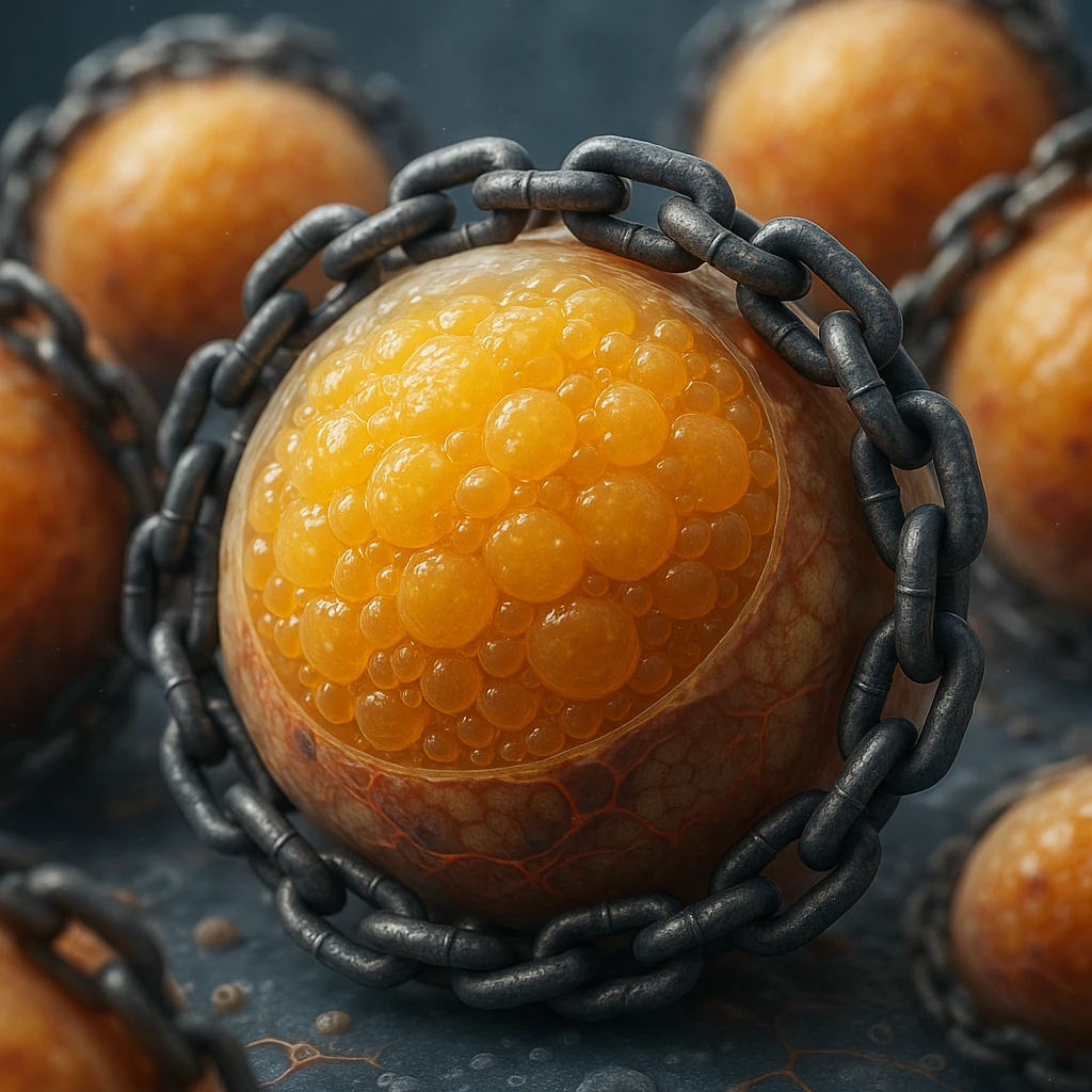 hyper realistic 4K adipocytes accumulating fat, blocked by chains, cellular details, scientific atmosphere emoji