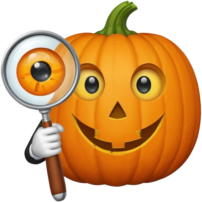 A pumpkin smiling at a magnifying glass (the magnifying glass has a suit thats black, the magnifying glass also has one eye in the middle turn the magnifying glass into a living person give the magnifying glass Normal looking eyes and give it actual arms and legs  emoji