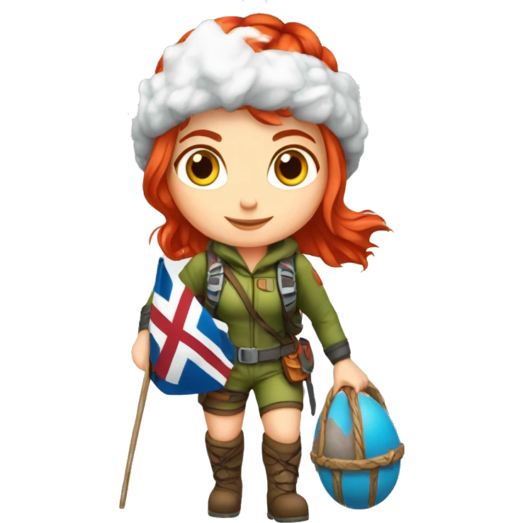 Female winter mountaineer red hair white skin climbing with Greek Flag and Easter eggs basket emoji