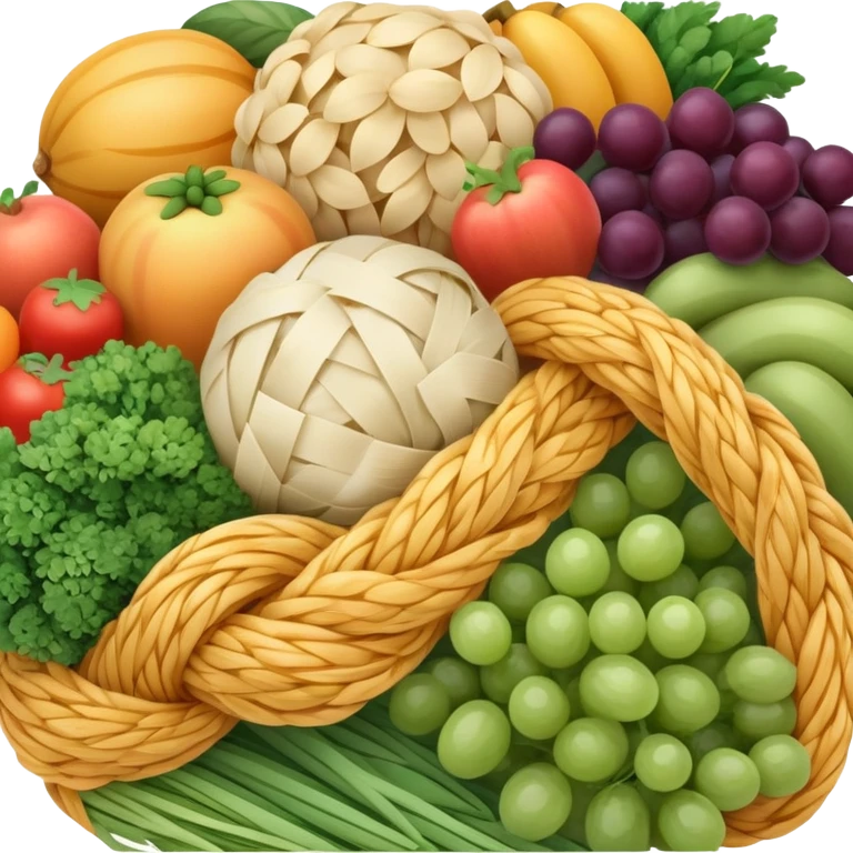 Close-up of a bundle of fiber strands intertwined with small vegetable, fruit, and grain icons, showing microscopic view of dietary fiber structure emoji
