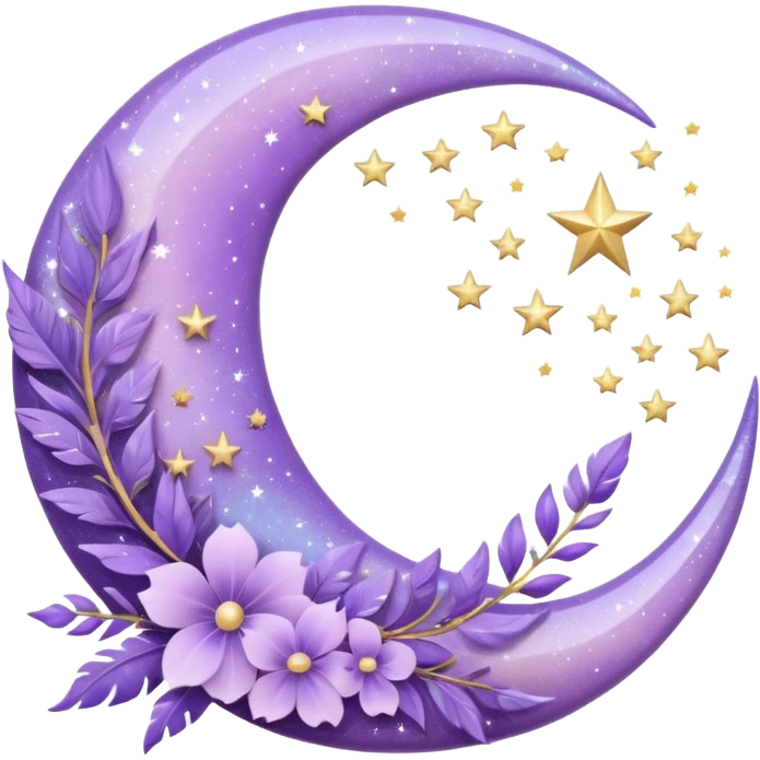 Beautiful sparkly glittery shiny pretty floating pastel lilac lavender Violet crescent-moon and flowers and leaves and feathers and sparkles and stars aesthetic deco emoji