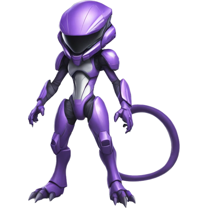 A Reptile-Raptor-Genesect-Mewtwo-Fakémon, with a futuristic visor-helmet, wearing a techwear-suit Full Body emoji