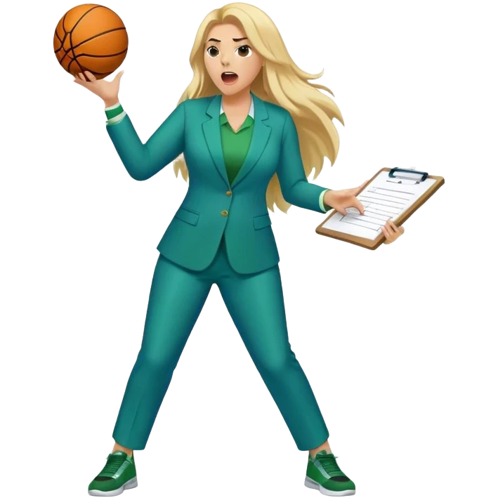 Full Body white plus size female basketball head coach yelling using a clipboard with long blonde hair in a blue and green suit emoji