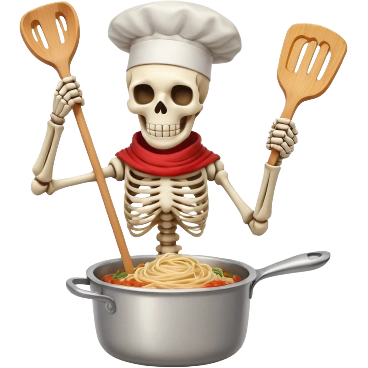 Papyrus from Undertale cooking spaghetti, tall skeleton with red scarf and white armor, enthusiastically stirring pasta in a pot, chef hat emoji