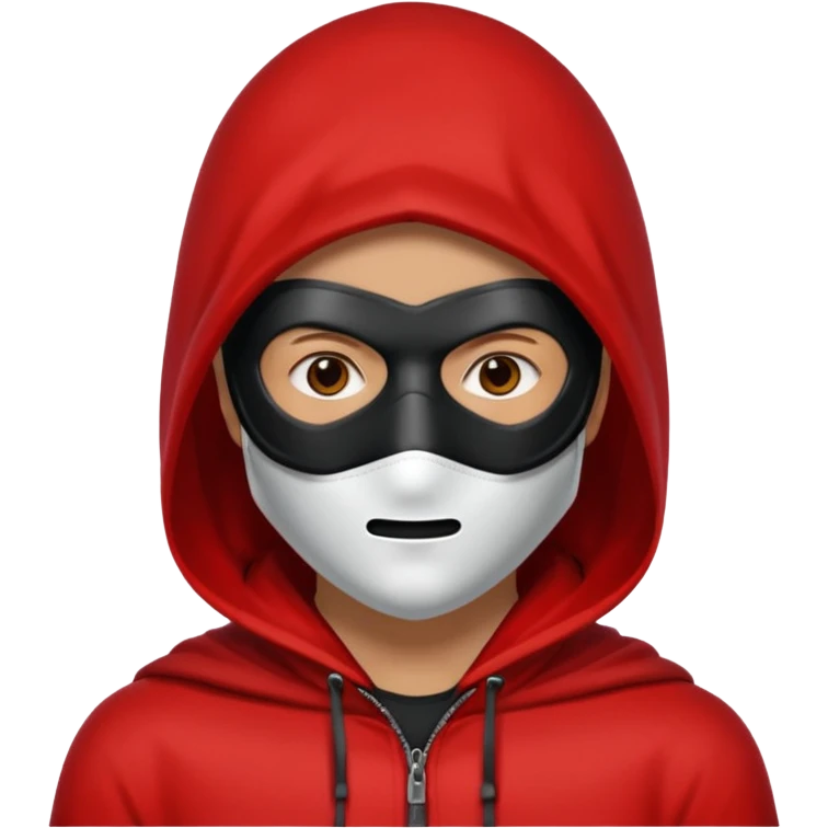 Q person with a red hood on and a black mask with a white square in the middle  emoji