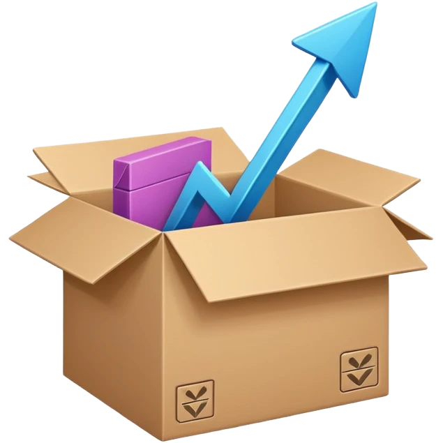 Minimal line-art icon of a shipping box with an arrow going up or a price tag, simple modern style, clean outlines, slightly 3D, no background, transparent, represents “reselling / e-commerce / flipping items” emoji