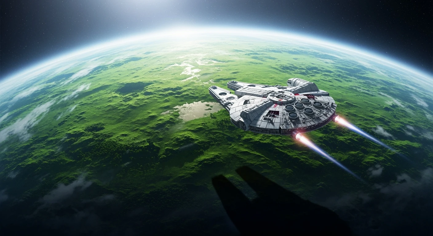 cinematic still, entire globe green planet, single starship coming to planet, inspired by StarWars movie, captured by arri alexa  emoji