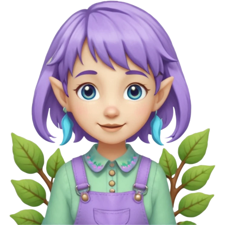 Kind happy whimsical quirky Girl toymaker, wood carving elf. Woodland nature creator. Blue eyes. Short bob, brown wavy hair with bangs. Whimsical playful cute. Overalls with nature embroidered cute shirt collar. Light green, light purple and light blue colour aesthetic  emoji