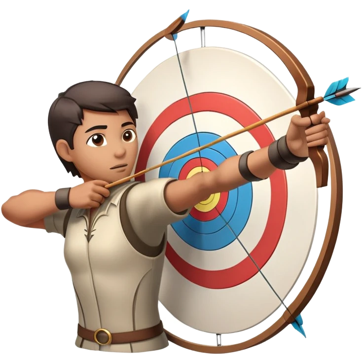 An archer drawing a bow and aiming an arrow at a target, with perfect focus and precision. The target is visible in the background, featuring concentric rings. The scene captures the concentration and skill involved in archery, emphasizing the elegance and accuracy of the sport. emoji