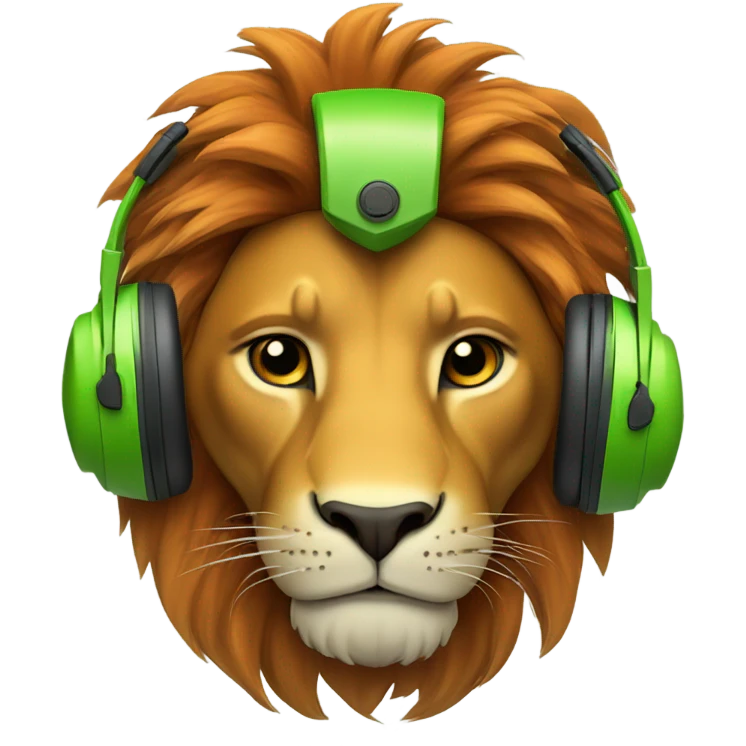 Head of a Lion wearing safety helmet with head phone looking front right in green and orange themefront  emoji