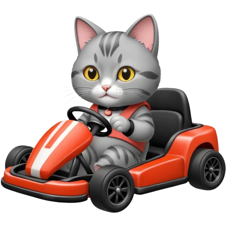 A grey cat driving a black go kart with sushi in one hand and driving with the other hand emoji