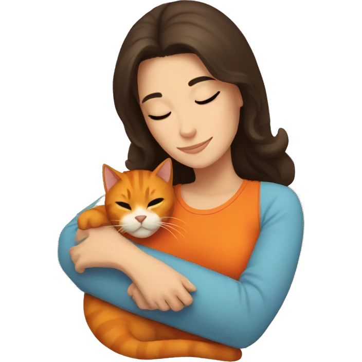 Brunette snuggling with orange cat emoji