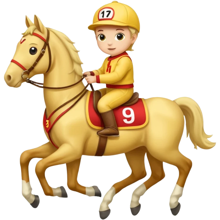 baby riding horse wearing racing cloth yellow number emoji