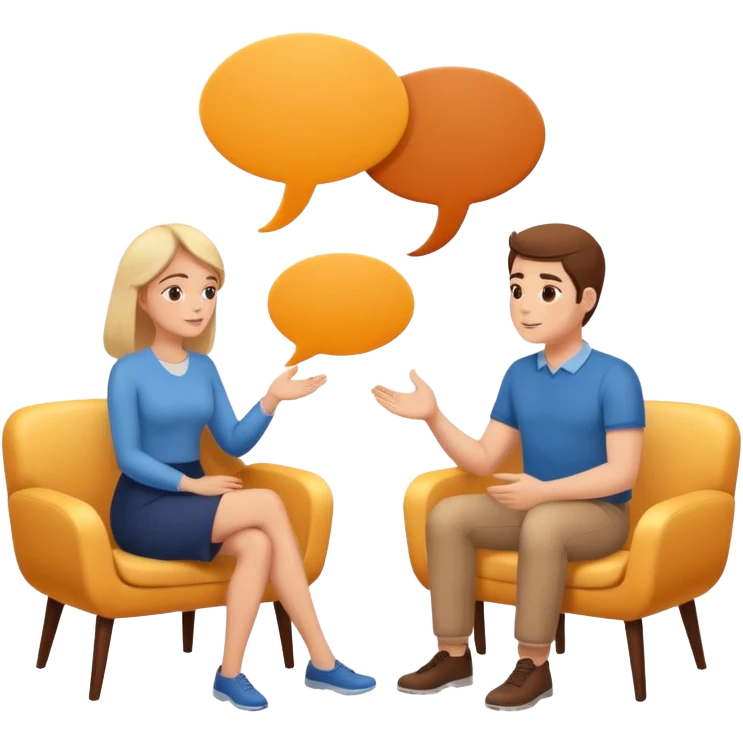 two people sitting and talking with speech bubbles, warm and supportive counseling scene emoji