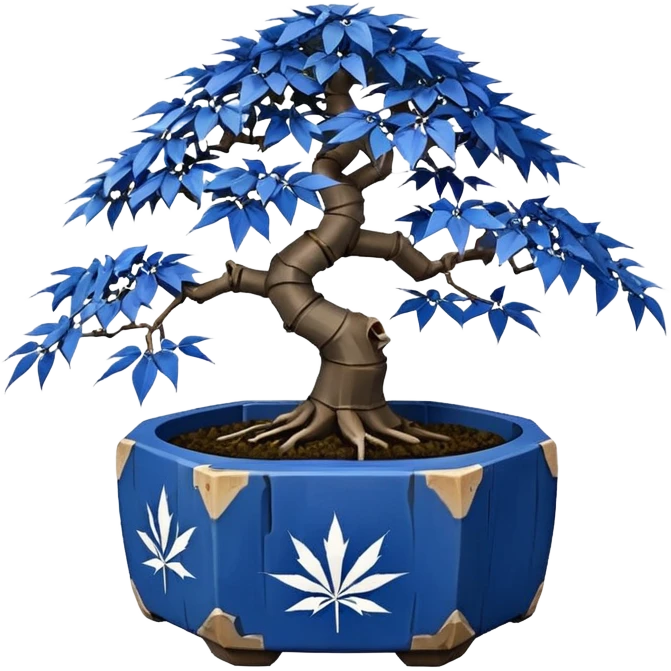 Japanese very old broken 35-sided polyhedron-shaped shallow dark bamboo blue maple tree bonsai pot emoji