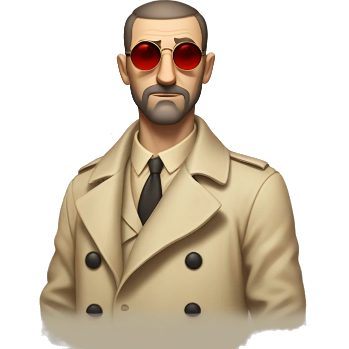 1930s investigator, a Caucasian man with short, buzz cut dark hair and a rough beard, wears tiny red-tinted sunglasses and a dirty beige trench lab coat. He has a serious demeanor. emoji